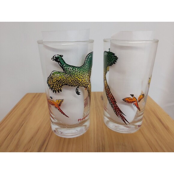 VINTAGE HAZEL ATLAS PHEASANT SCENE DRINKING GLASSES 5.5" rainbow set of 2 - Picture 1 of 4